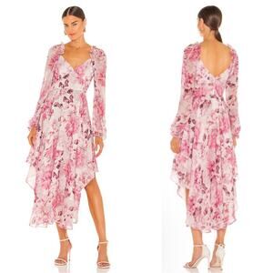 SAU LEE Georgia Floral Asymmetrical Ruffle Long Sleeve Pink Midi Dress Size 8